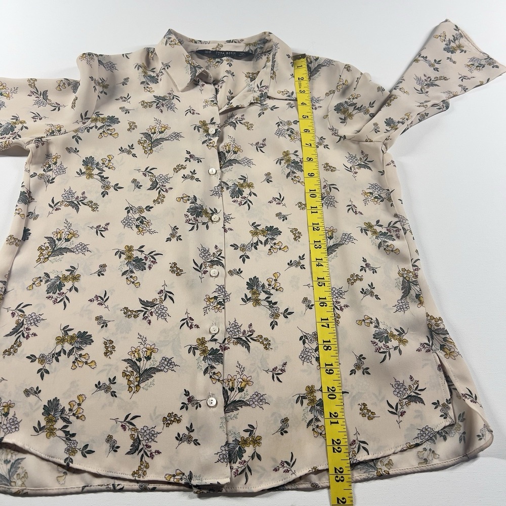 Zara Blouse Top Womens Size XS Basic Summer Flower Beige Semi Sheer Button Front - Picture 9 of 10